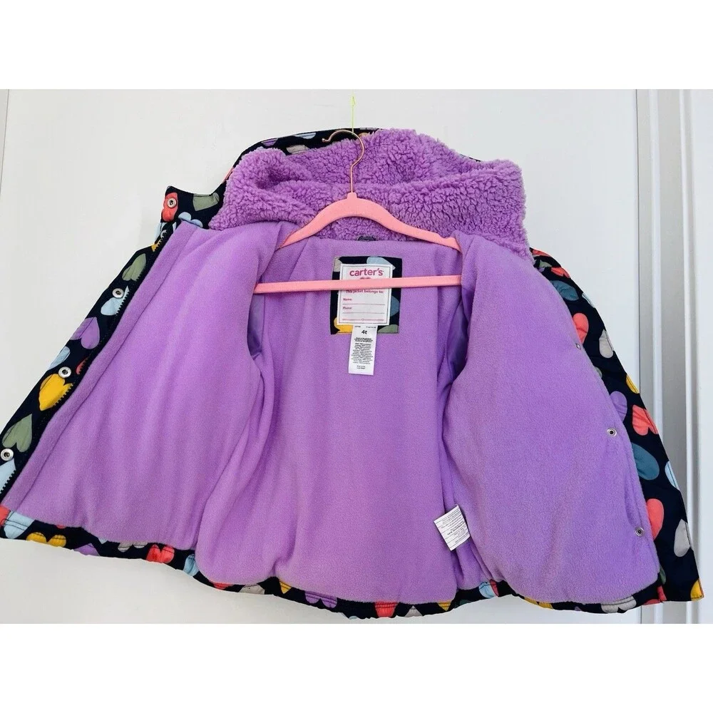 NWOT Carter’s Toddler Girls Heart Print Heavyweight Puffer Jacket Coat Purple 4T
